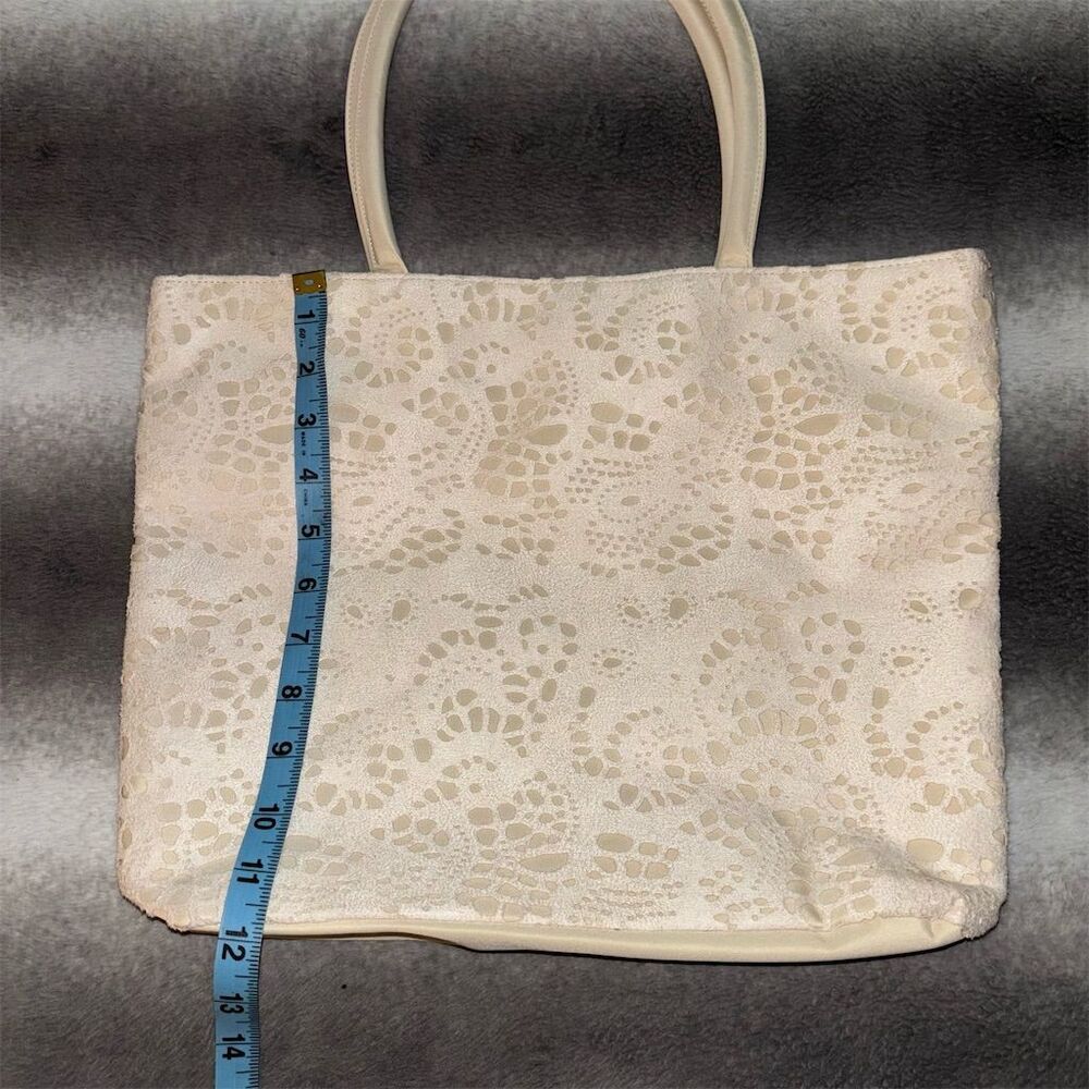 Nordstrom Cream Laser Cut Lace Pattern Faux Suede / Nylon Tote Bag - Picture 3 of 6